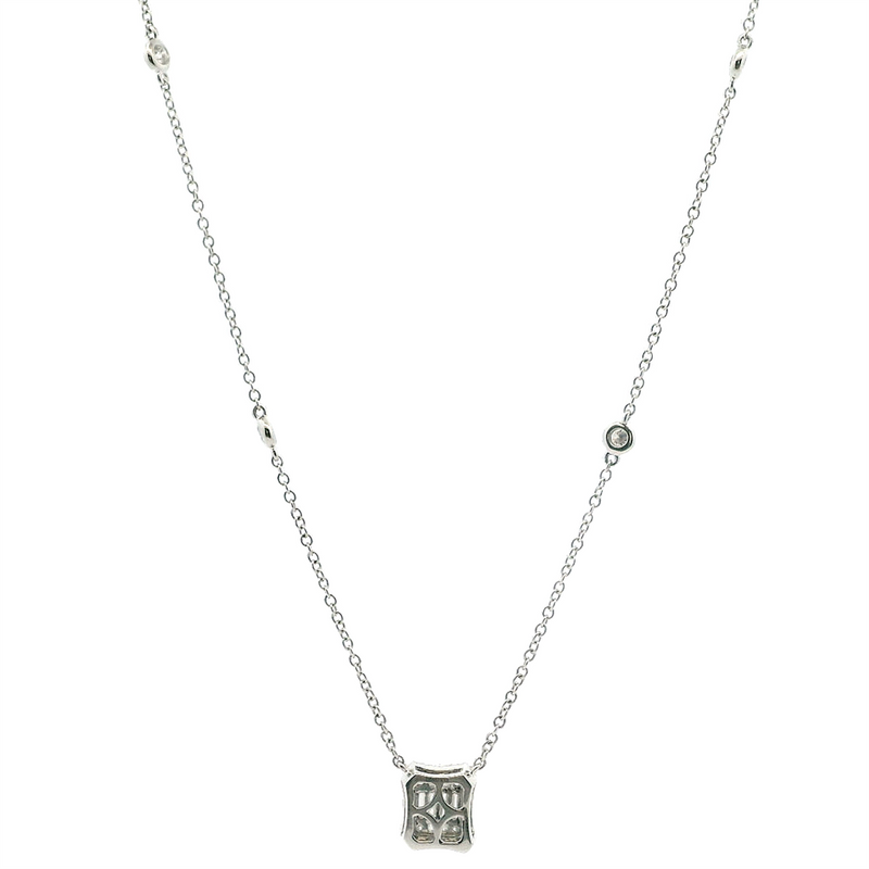 18K White Gold Drop Halo Diamond Necklace with Baguette & Round Diamonds