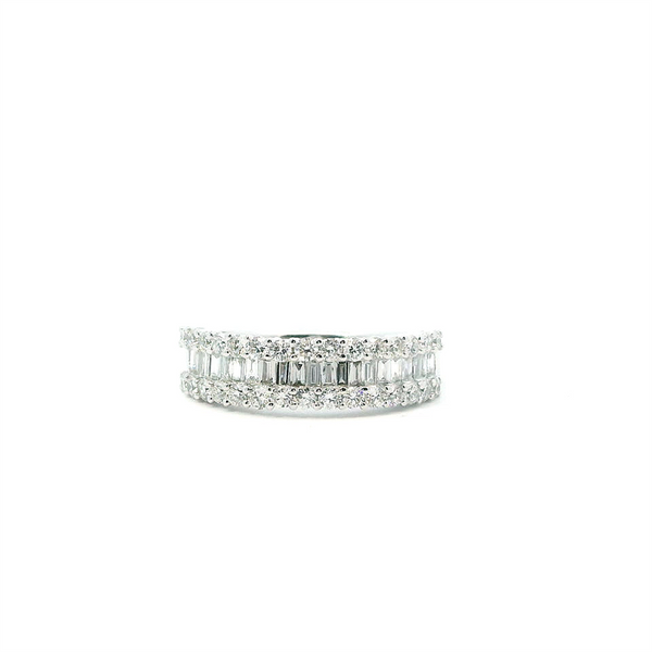 14K White Gold Anniversary Diamond Ring, 1.00ctw Various Shapes, Two Rows of Round Diamonds with Baguette Center