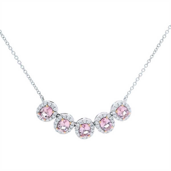 Vibrant Colored Stone Necklaces 18K Gold White 1.68 Carats Morganite & 0.53 Carats Diamond Halo Necklace, 18 Inch