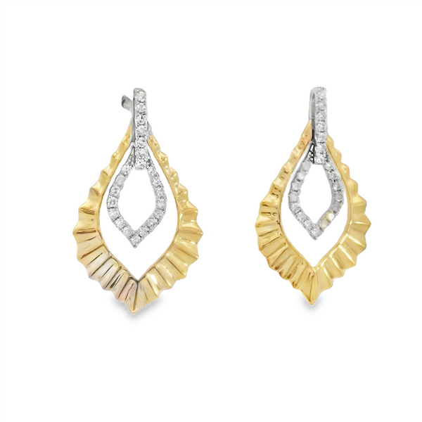 Two-Toned 14 Karat Gold 0.13 Carats Diamond & Ribbed Polished Gold Dangle Earrings