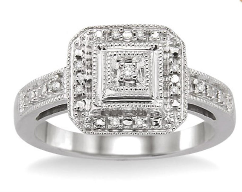 Sterling Silver White Square Halo Round Diamond Accented Engagement Promise Ring - 0.05 CTW Diamond, Size 7